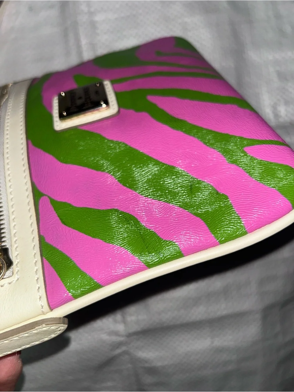 Cream Crossbody Bag with Pink and Green Zebra Print Dooney and Burke